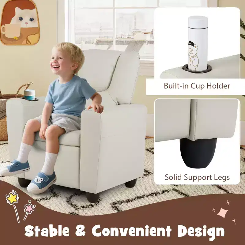 Kids Recliner Chair with Cup Holder – Beige / Black / Brown / Pink, Push-Back Style, 1-Seat