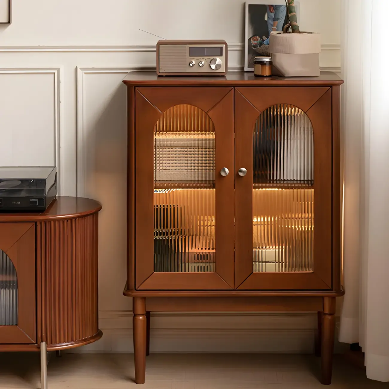 Brown Wood Glass Door Short China Cabinet with Light