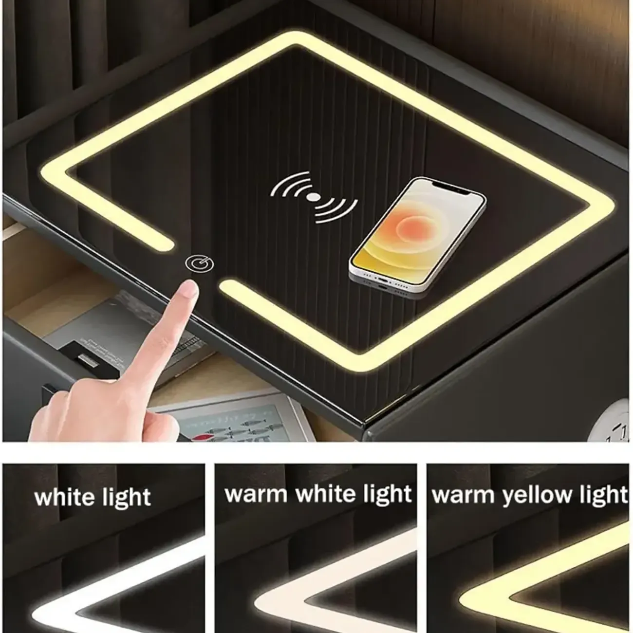 Narrow 3-Drawers Glass Top Wooden Nightstand with Light