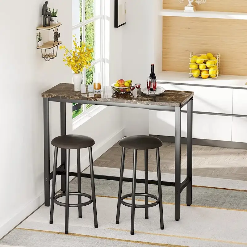 3 Piece Kitchen Pub Dining Set, Modern Faux Marble Counter Height Bistro Bar Table Set with 2 PU Leather Bar Stools