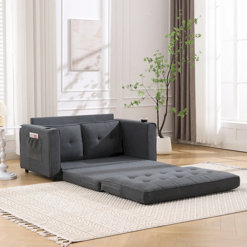 Foldable Tufted Loveseat with Pull Out Bed and Side Pockets