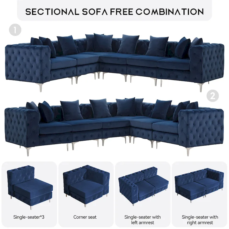 Large L-Shaped Modular Sofa, 6-Seat Velvet Sectional Couch