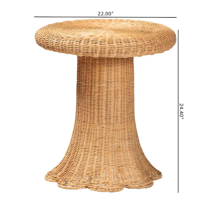 Round Rattan Side Table with Scalloped Pedestal Base