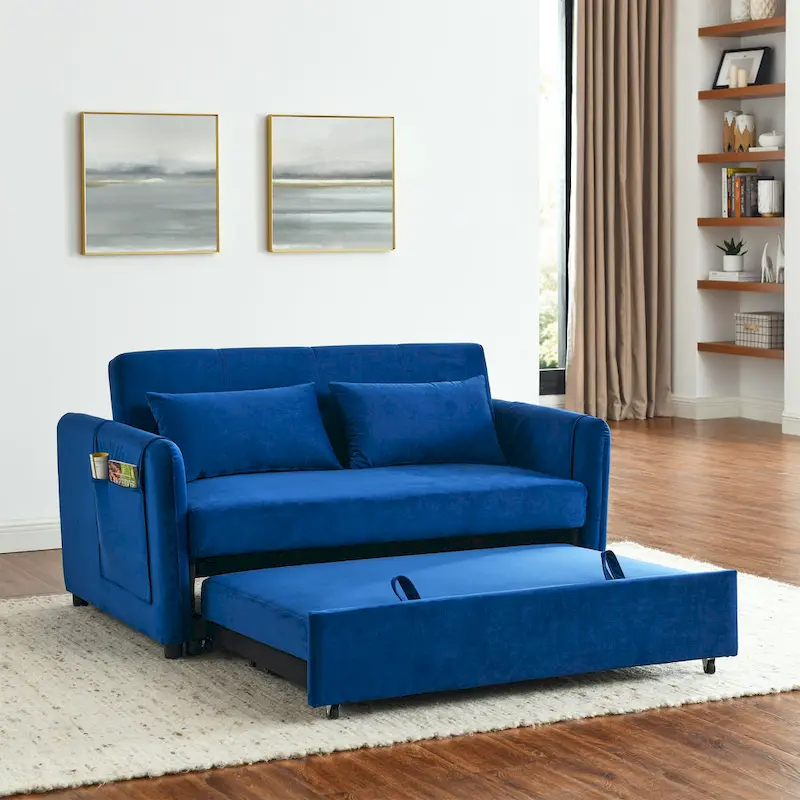 Convertible Sofa Bed, 3-In-1 Versatile Velvet Double Sofa With Pullout Bed