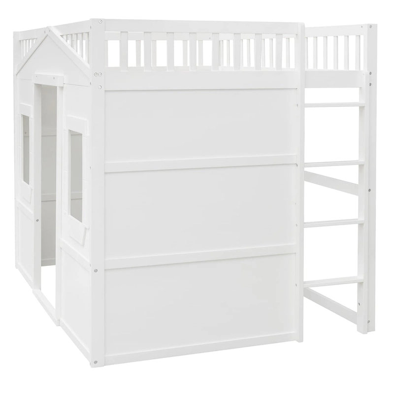White Castle Style Full Size Solid Pine Wood Loft Bed with Ladder and Guard Rails