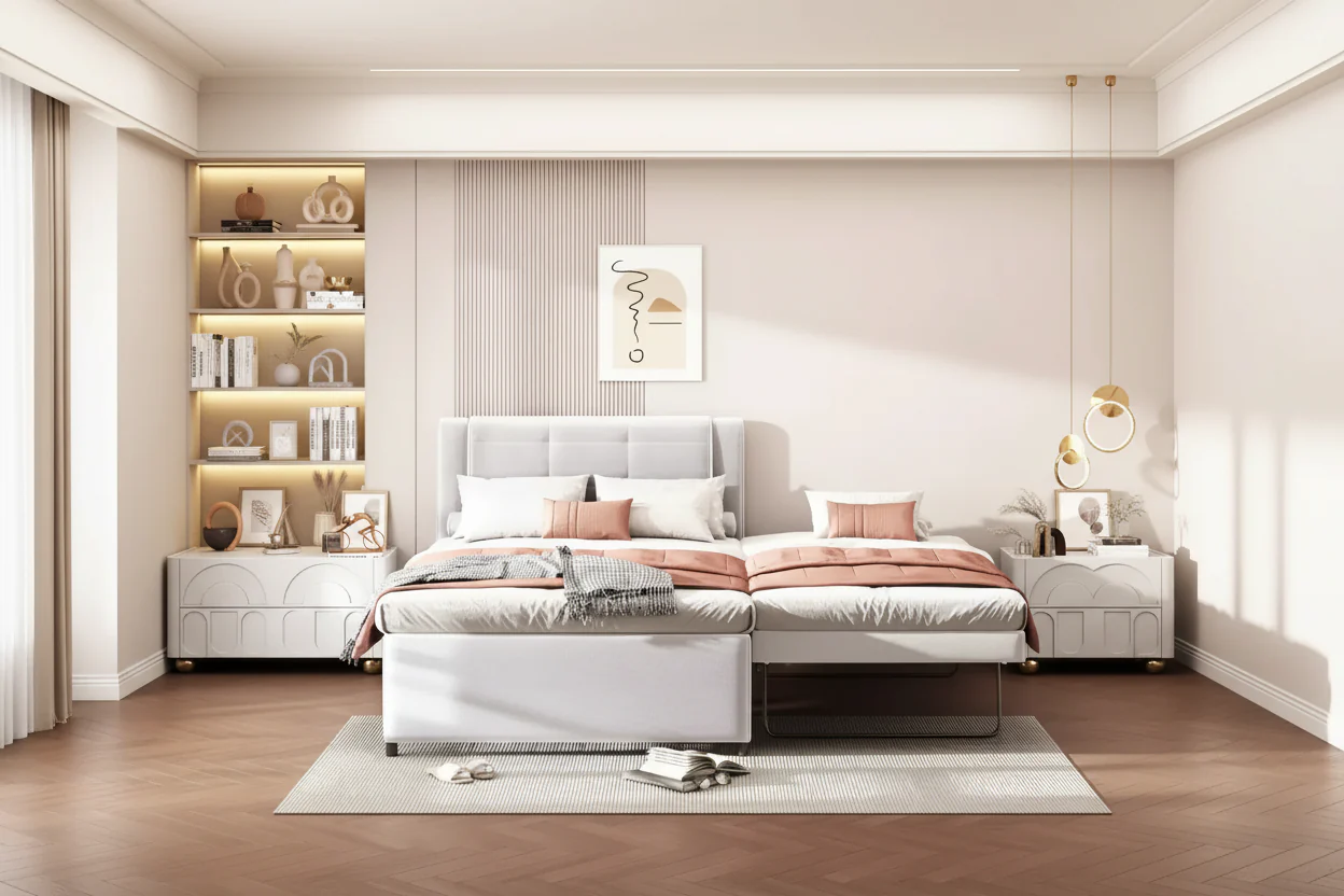 Full Size Linen Upholstered Platform Bed with Trundle, Trundle Can Be Flat or Erected, 4Q -ModernLuxe