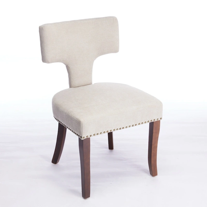 Modern Dining Chairs Set of 2, Farmhouse Linen Fabric Upholstered Accent Chair Curved Backrest with Copper Nails around
