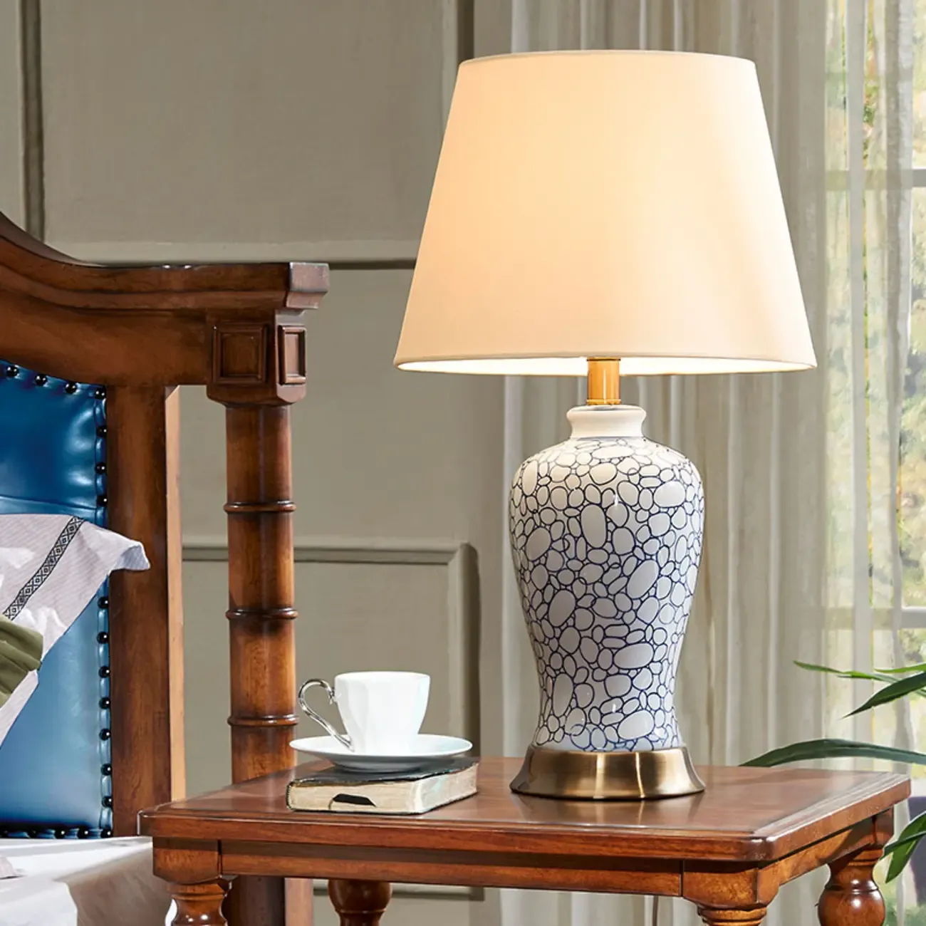 Elegant Ceramic Table Lamp with Geometric Fabric Shade