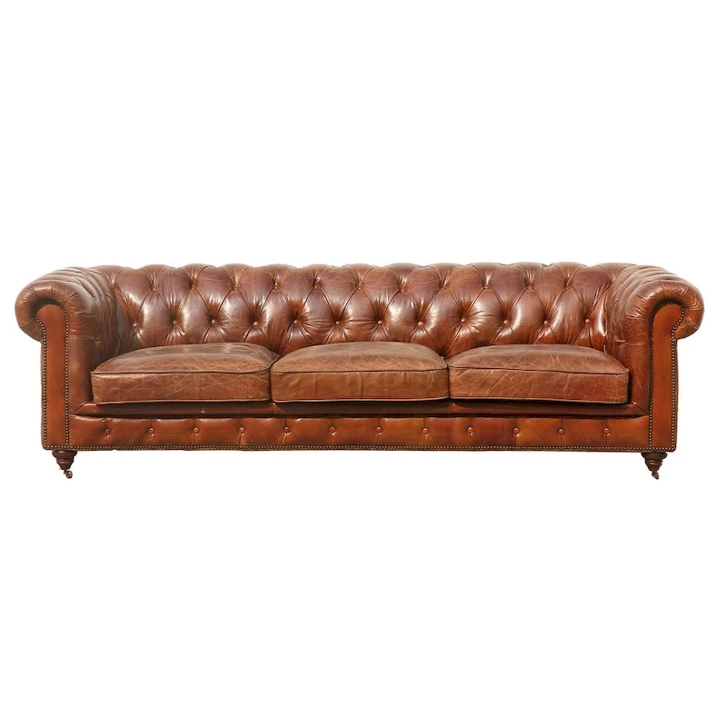 Pasargad Home Paris Club Chesterfield Tufted Sofa, Brown - 28.7 H x 97.2 W x 39 D