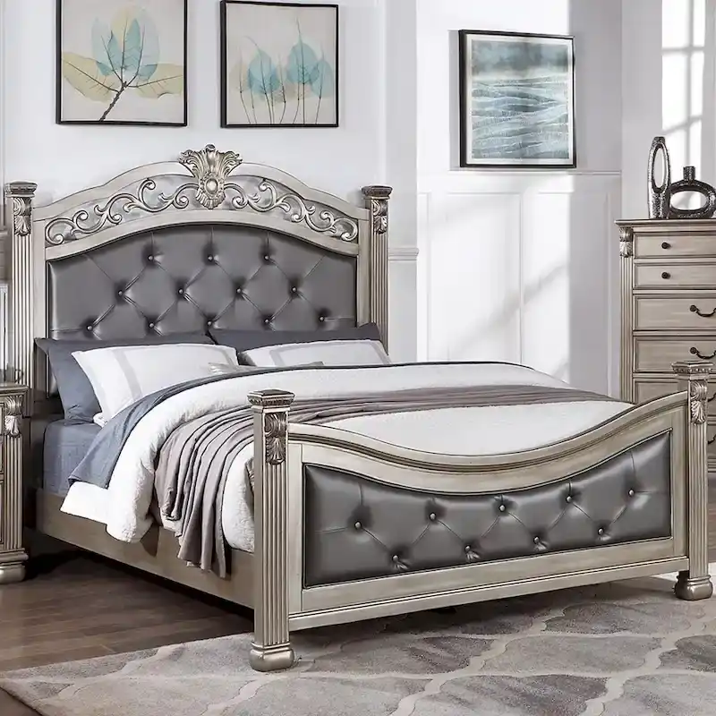 Upholstered HB and FB Bed in Antique Silver