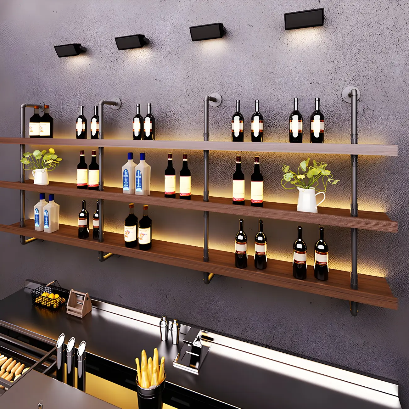 Brown Pine Wood Wall-Mounted Wine Rack with Light