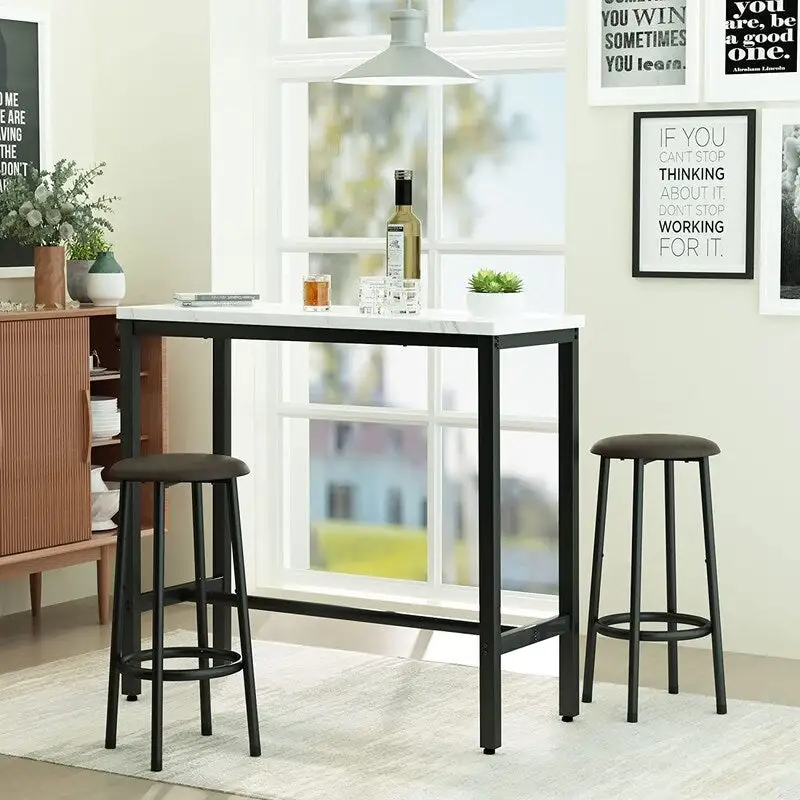 3 Piece Kitchen Pub Dining Set, Modern Faux Marble Counter Height Bistro Bar Table Set with 2 PU Leather Bar Stools