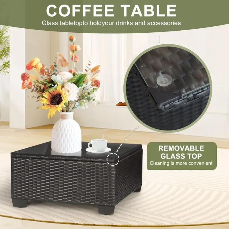 7 Pieces Patio Furniture Sets with Blue Cushions and Coffee Table