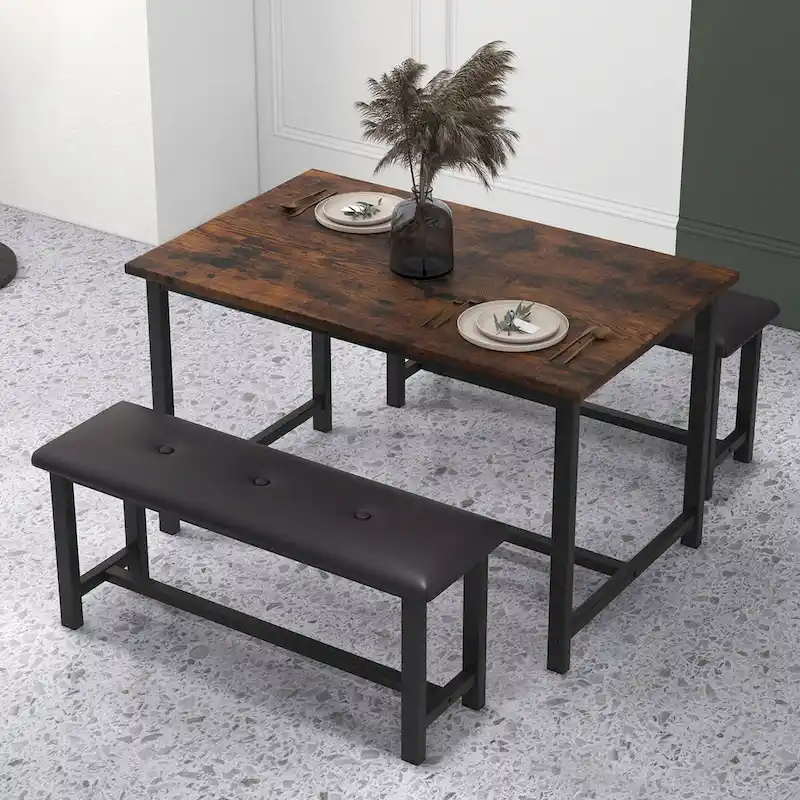 Dining Table Set with 2 Benches - Black Metal Frame for 4 People