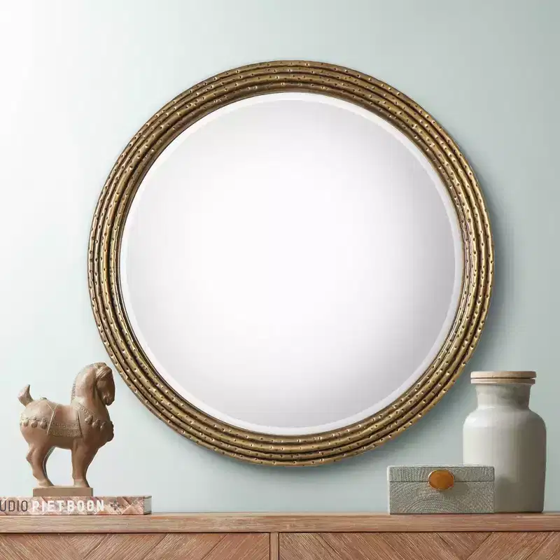 Uttermost Round Vanity Decorative Wall Mirror Rustic Antiqued Gold Hammered Iron Frame 42 1/4 Wide Bathroom Bedroom Living Room