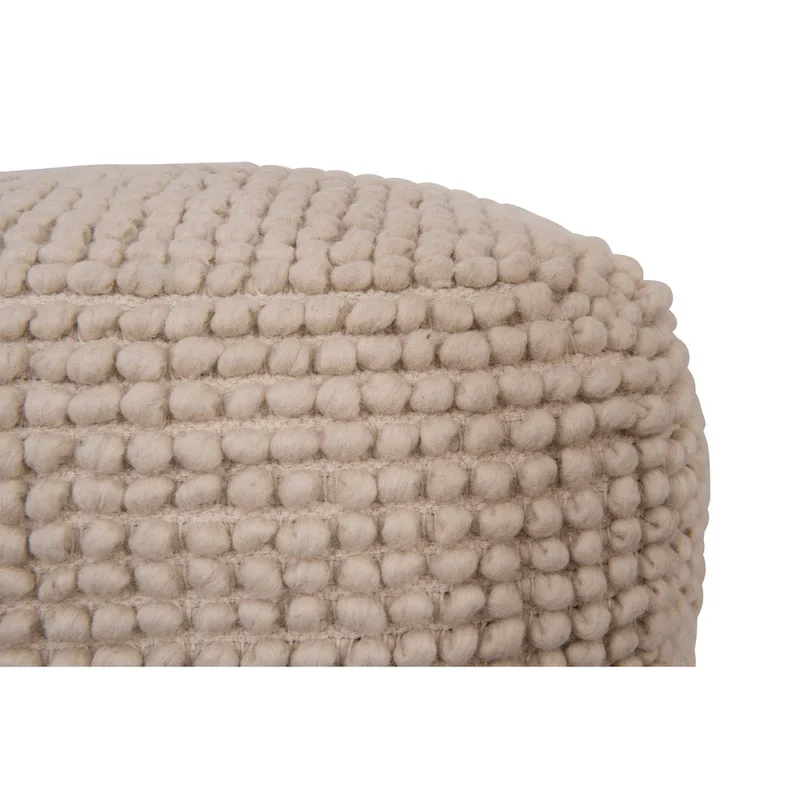 Cream/Grey/Teal Wool & Cotton Round Pouf Ottoman, 24