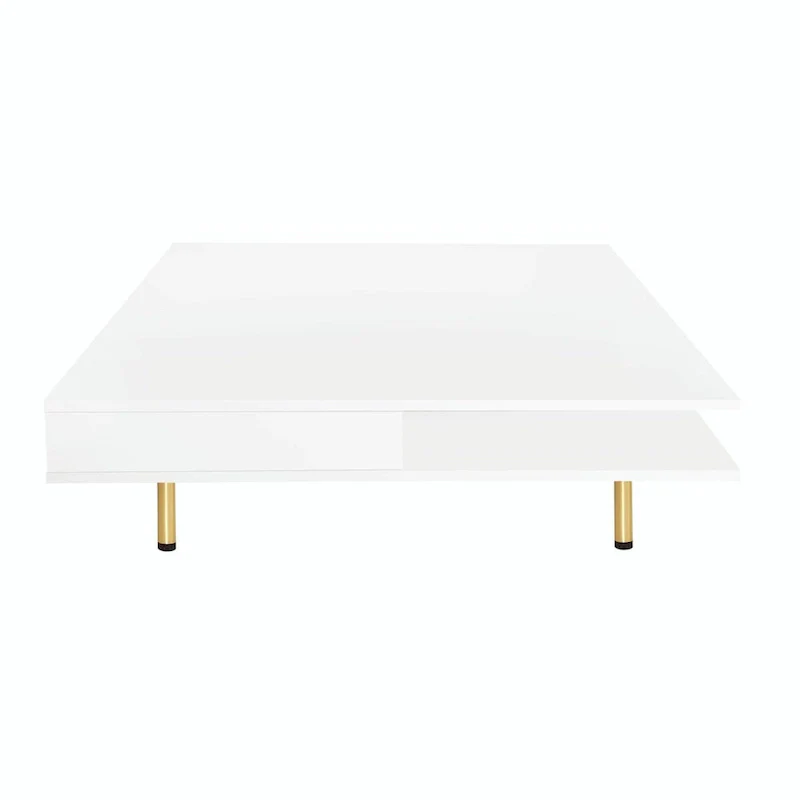 High Gloss Coffee Table: 4 Golden Legs, 2 Drawers, 2-Tier Square Design
