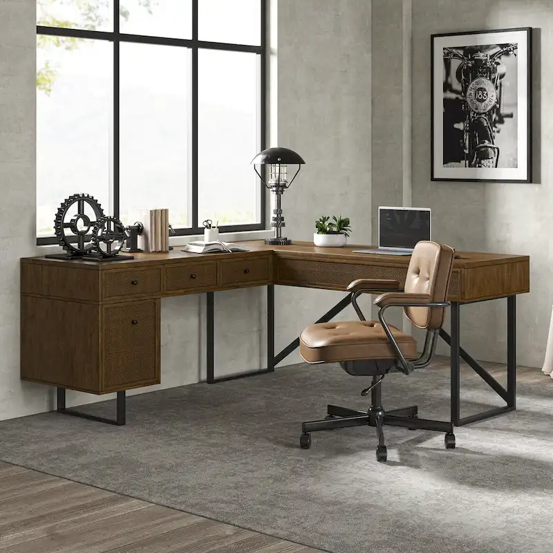 Alfons Industrial L-shaped Lift Top Cane Executive Office Desk with Drawers and Built-In Outlets