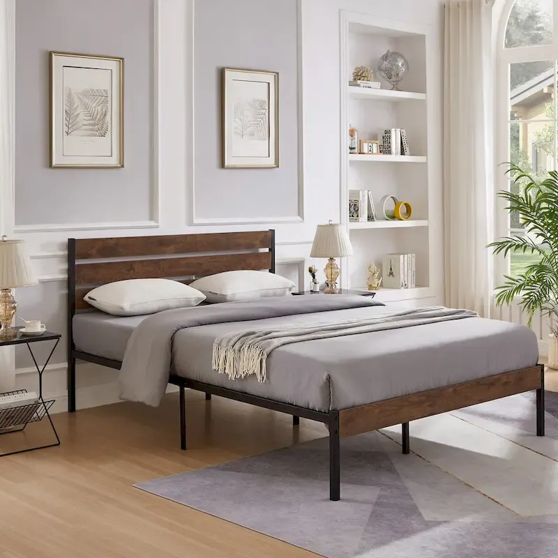 Metal Platform Bed Frame with Headboard and Under-Bed Storage