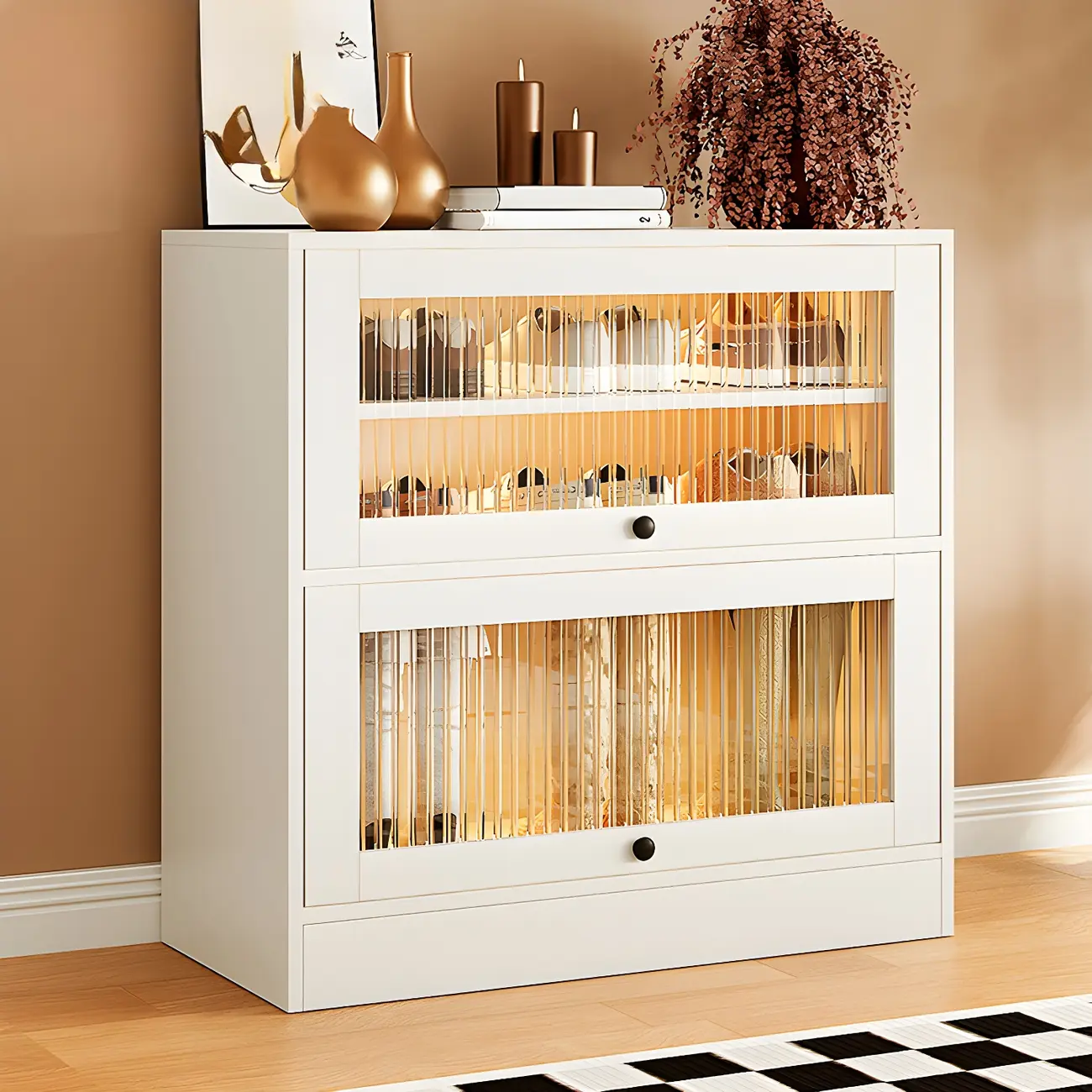 Hallway White Wood Shoe Cabinet with Glass Doors