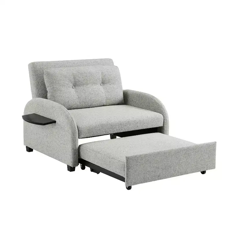 Twin Woven Polyester Fabric Black Wood Frame and Tray Table Convertible Bed Gray: Multifunctional Design, Easy Mobility