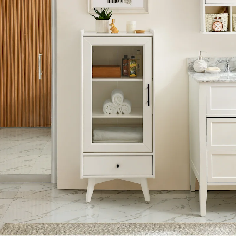 Modern Bathroom Storage Cabinet with Glass Door & Double Adjustable Shelves and Drawer