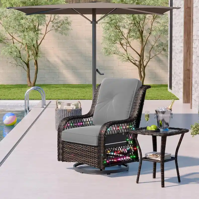 2-Piece LED Lighting Swivel Wicker Rattan Outdoor Rocking Chair and Side Table(Single Seat)