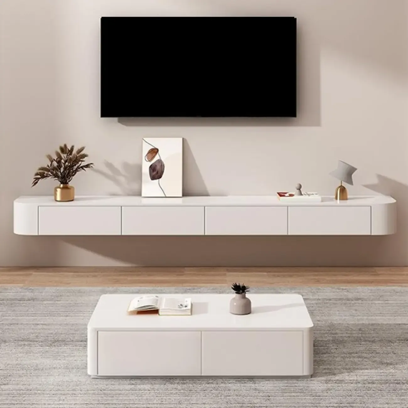 Rectangle White Solid Wood Floating TV Stand with Storage