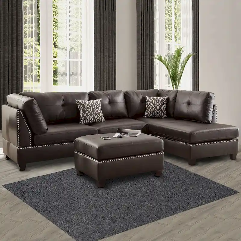 Plushed Bonded Leather 3 Pieces Sectional Set In Brown