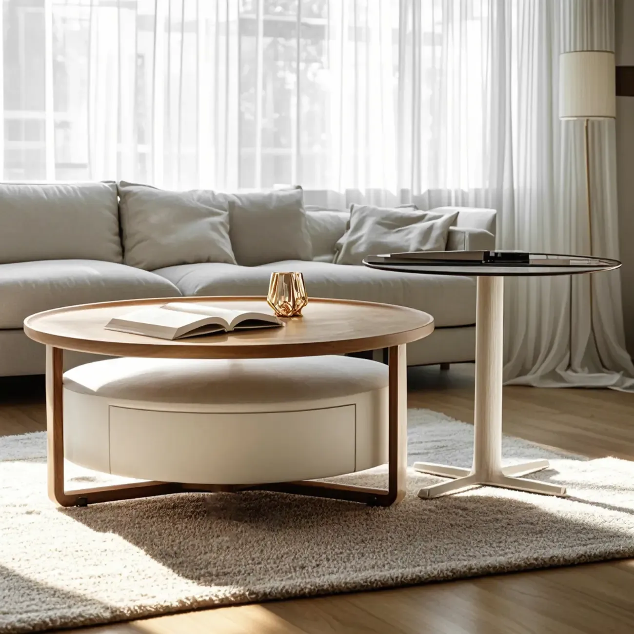 Modern Round Wooden Top Coffee Table with Drawer