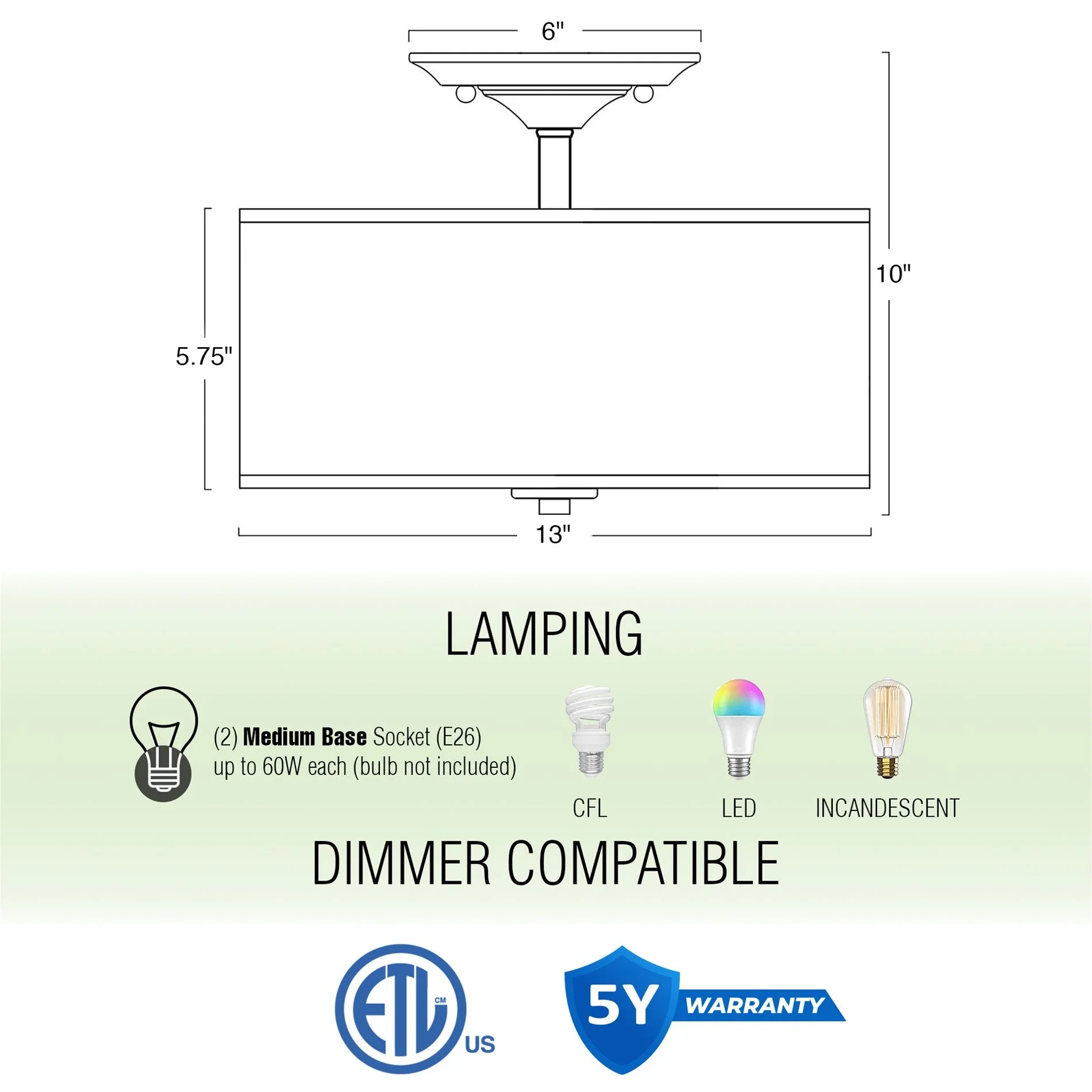 Addison 13 2-Light Semi-Flush Mount Ceiling Light, Cool Brass Finish