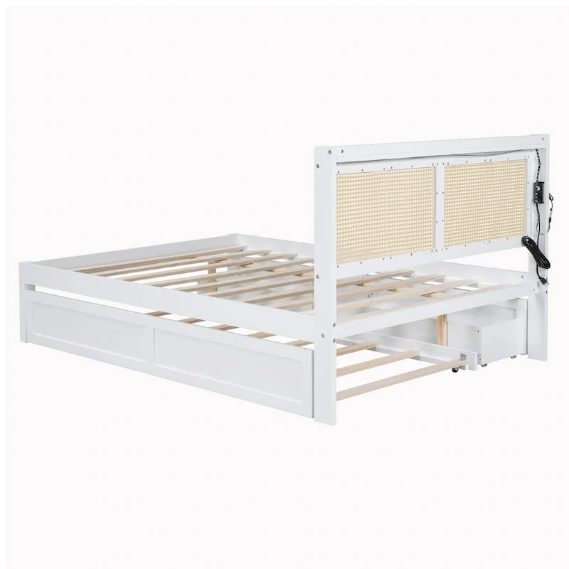 Elegant Bed Frame with Rattan Headboard and Sockets