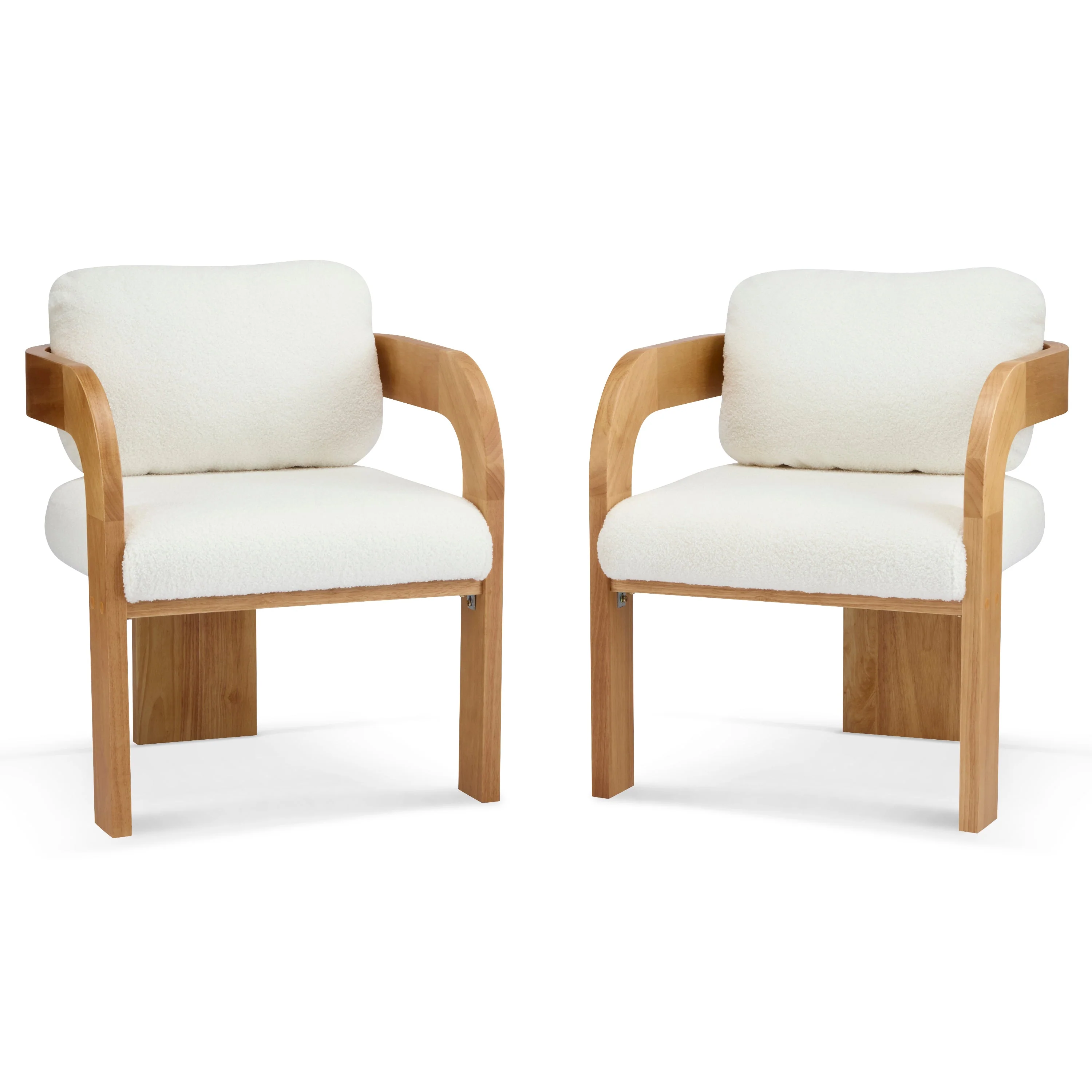 White Boucle 2 Pack Dining Chairs with Pillow Back and Solid Wood Frame