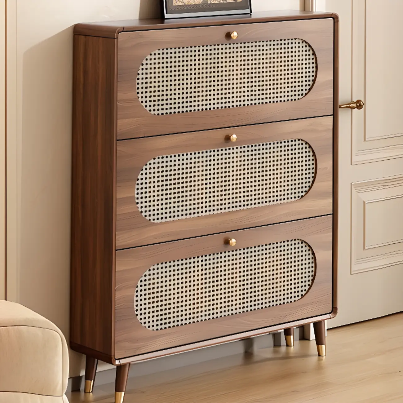 Bohemian Slim Brown Drop-Front Wood Shoe Cabinet
