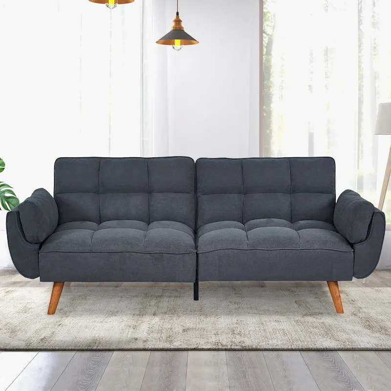 Convertible Futon Sofa Bed, Tufted Linen, Wood Legs, 3-Position Backrest, 500 lbs, Seats 2, Beige/Grey/Green/Yellow