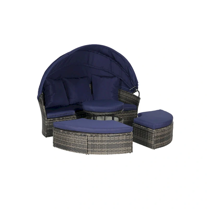 5-Piece Round Daybed Sunbed with Canopy & Removable Cushions
