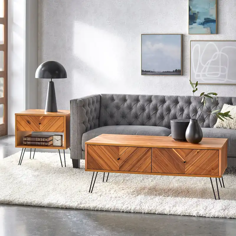 Coffee Table with 2 Drawers, Oak, Chevron Pattern, Mid-Century Modern, Acacia Veneer