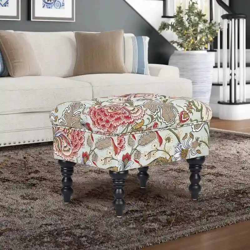 Adeco Ottoman Stool Tufted Foot Rest Fabric Floral Vanity Stool
