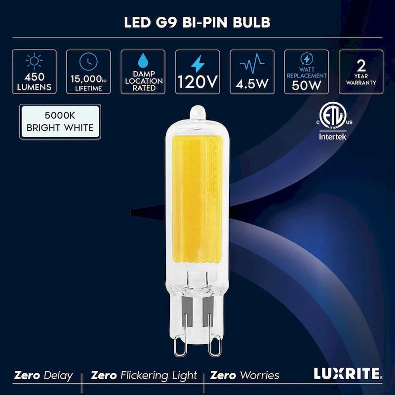 Luxrite G9 LED Bulb Dimmable 4.5W, 50 Watt Equivalent, 450LM, Glass G9 Bi Pin Base, ETL (5 Pack)