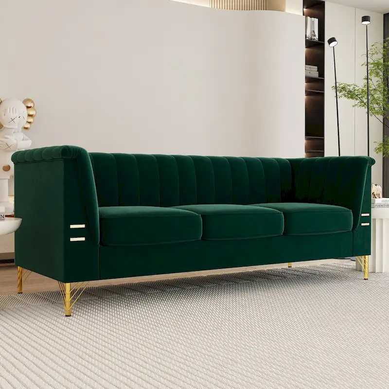Modern Designs Velvet Upholstered Living Room Sofa, 3 Seat Sofa Couch With Golden Metal Legs with green Sofa - 83.46*31.9*30.5