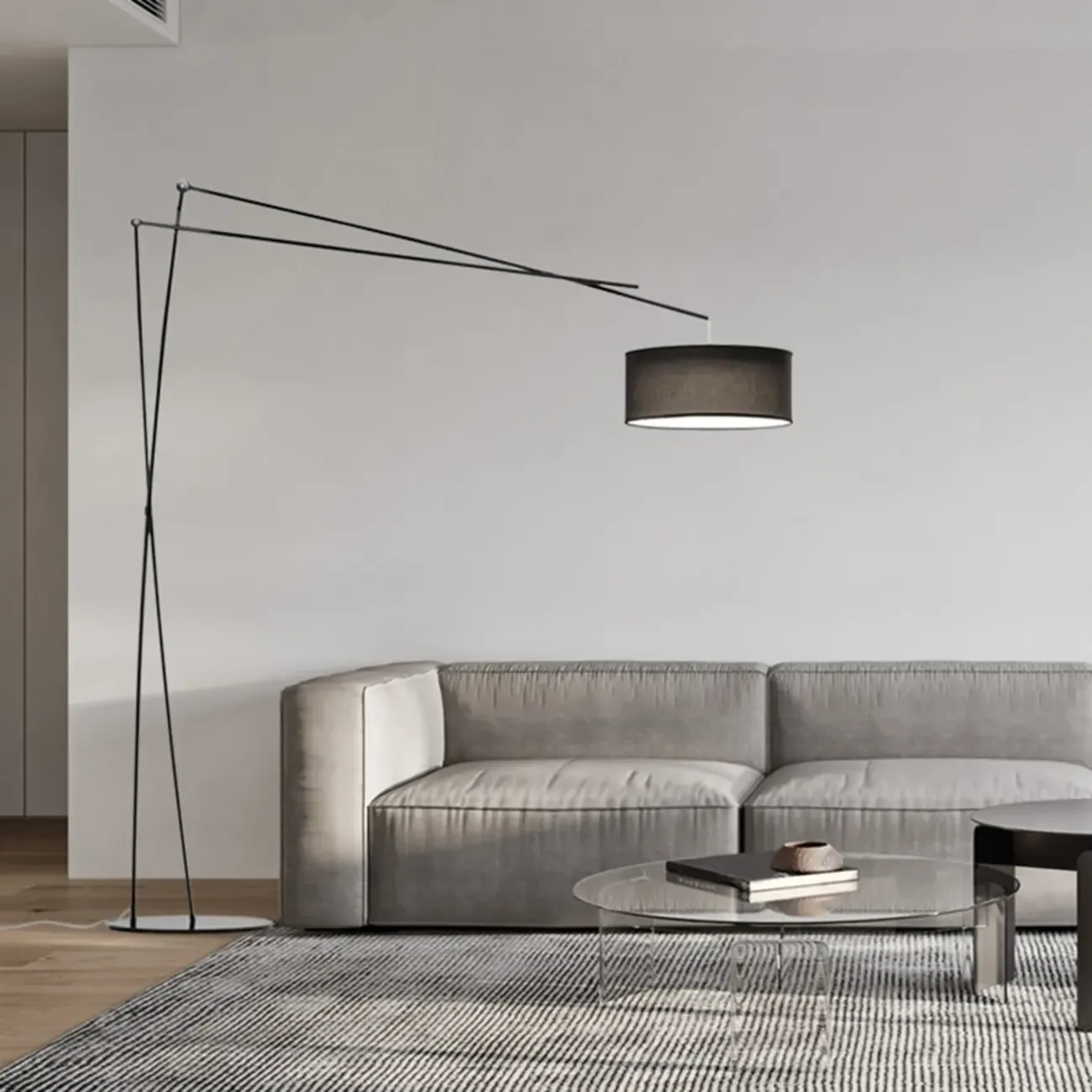 Unique Metal Black Arc Floor Lamp with Drum Fabric Shade