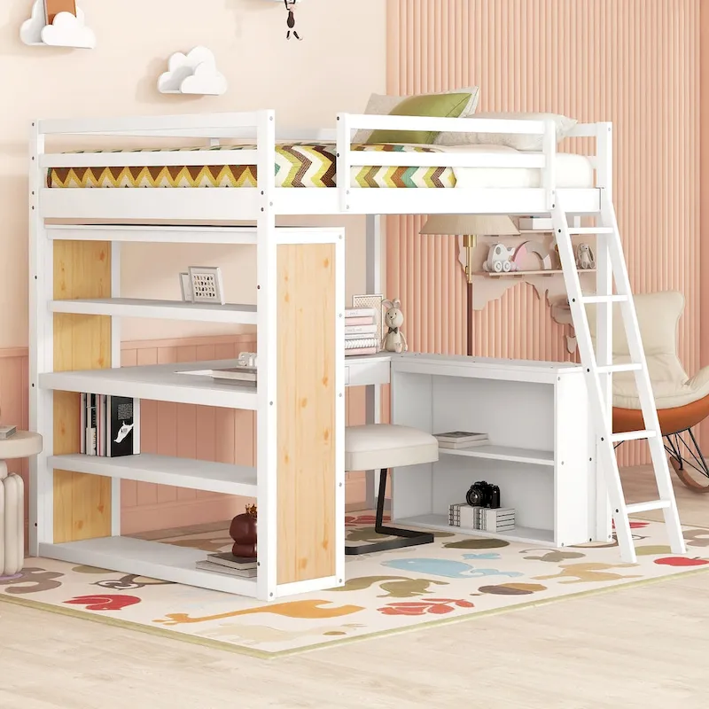 Loft Bed with Desk, Shelves, Drawer, and Ladder, Full-Length Guardrail