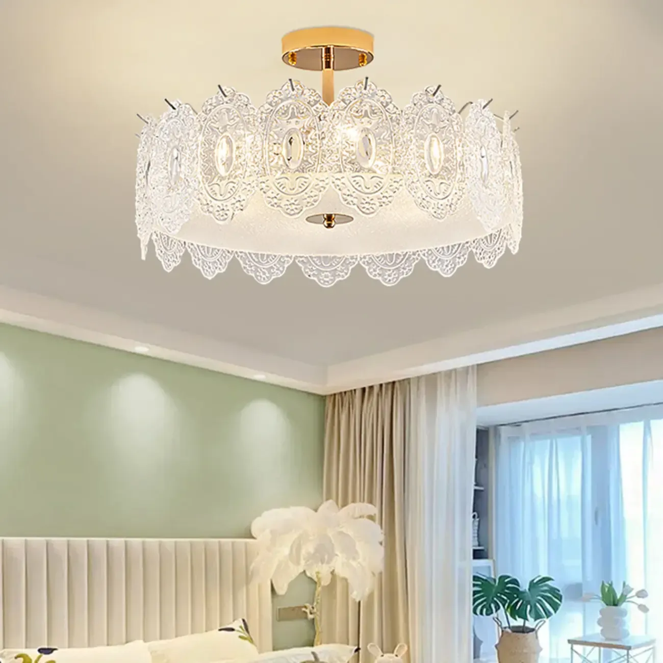 Modern Elegant Feather Glass Semi Flush Ceiling Light