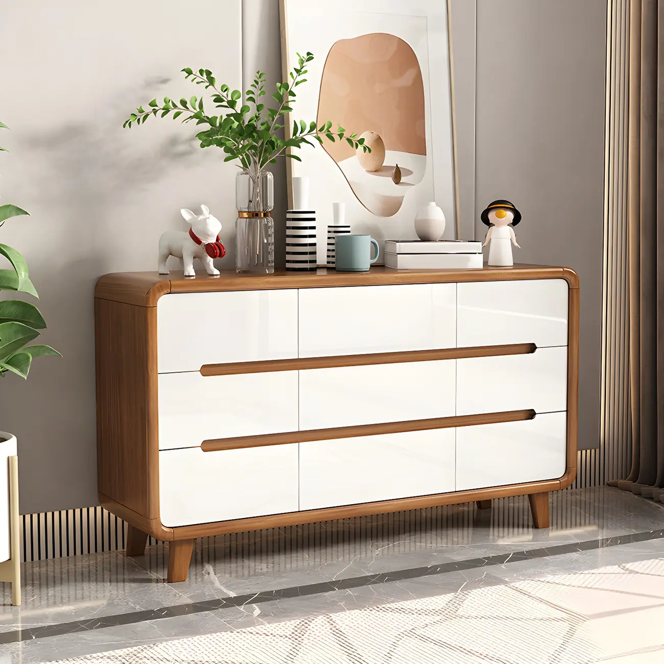 Traditional White-Brown Wooden Double Dresser Arched Edge