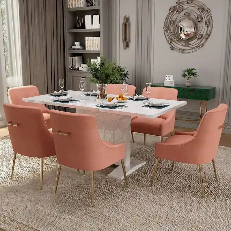 7-Piece Clihome High-gloss Extendable Table Velvet Chair Dining Set