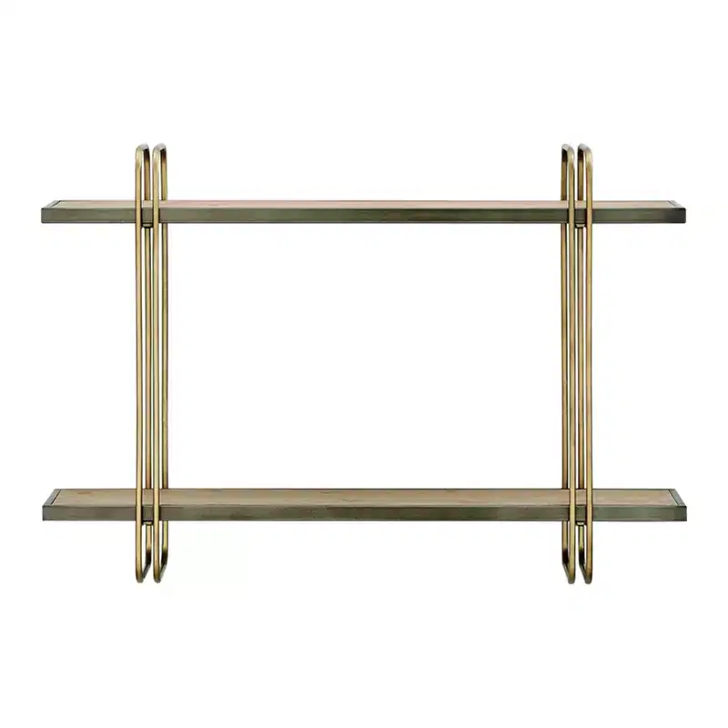 Danya B. 32.3" x 22" 2 Tier Metal and Wood Hanging Bracket Wall Mounted Shelf Gold: Floating Storage, Bathroom Display