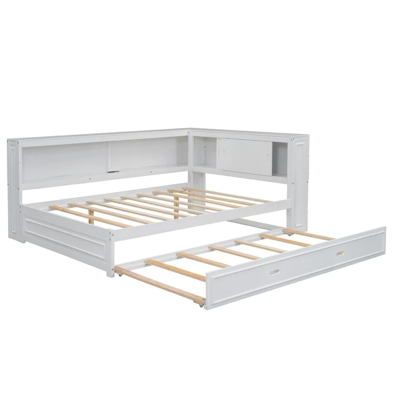 Full Daybed with Shelves, USB Charging, LED Lights & Twin Trundle