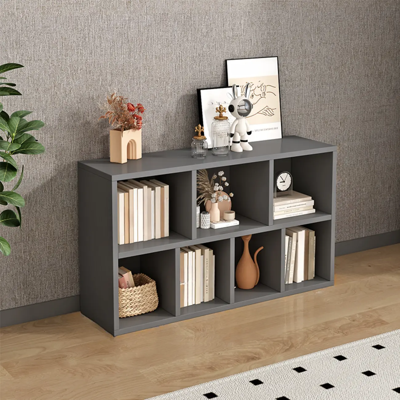 Modern Gray Wooden Horizontal Office Bookcase with Shelves