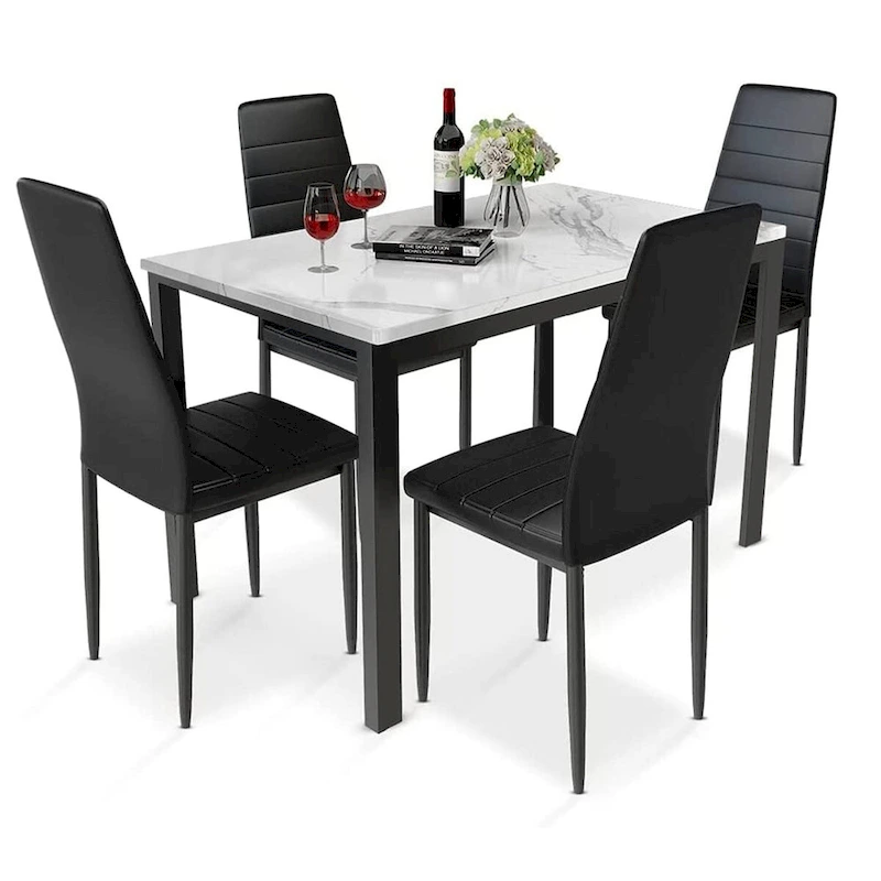 Mieres Modern Style 5-Piece Faux Marble Top Dining Table Set with 4 Faux Leather Upholstered Dining Chairs