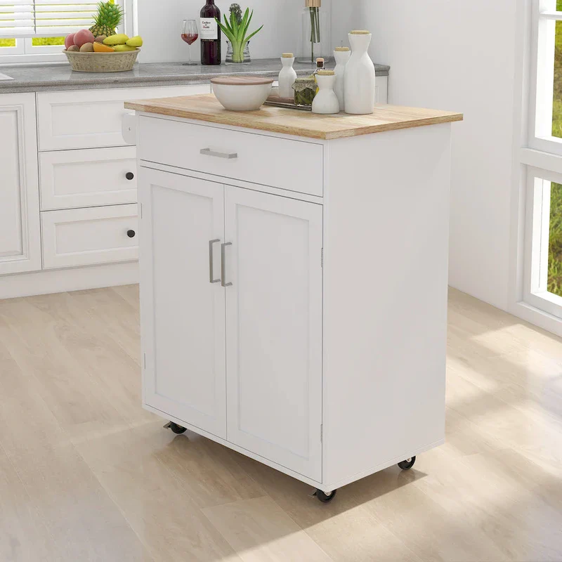 Rolling Kitchen Island Trolley Cart with Adjustable Shelves, Solid Wood Tabletop and Towel Rack